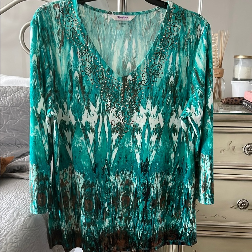 Teal and Brown Women's Top by Tan Jay petite
